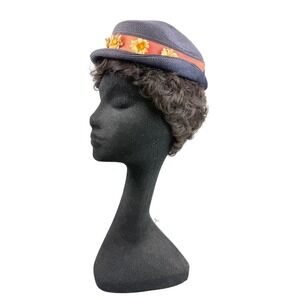 Vintage Michael Roy Womens Navy Blue Straw Hat Coral Ribbon Flowers - BH